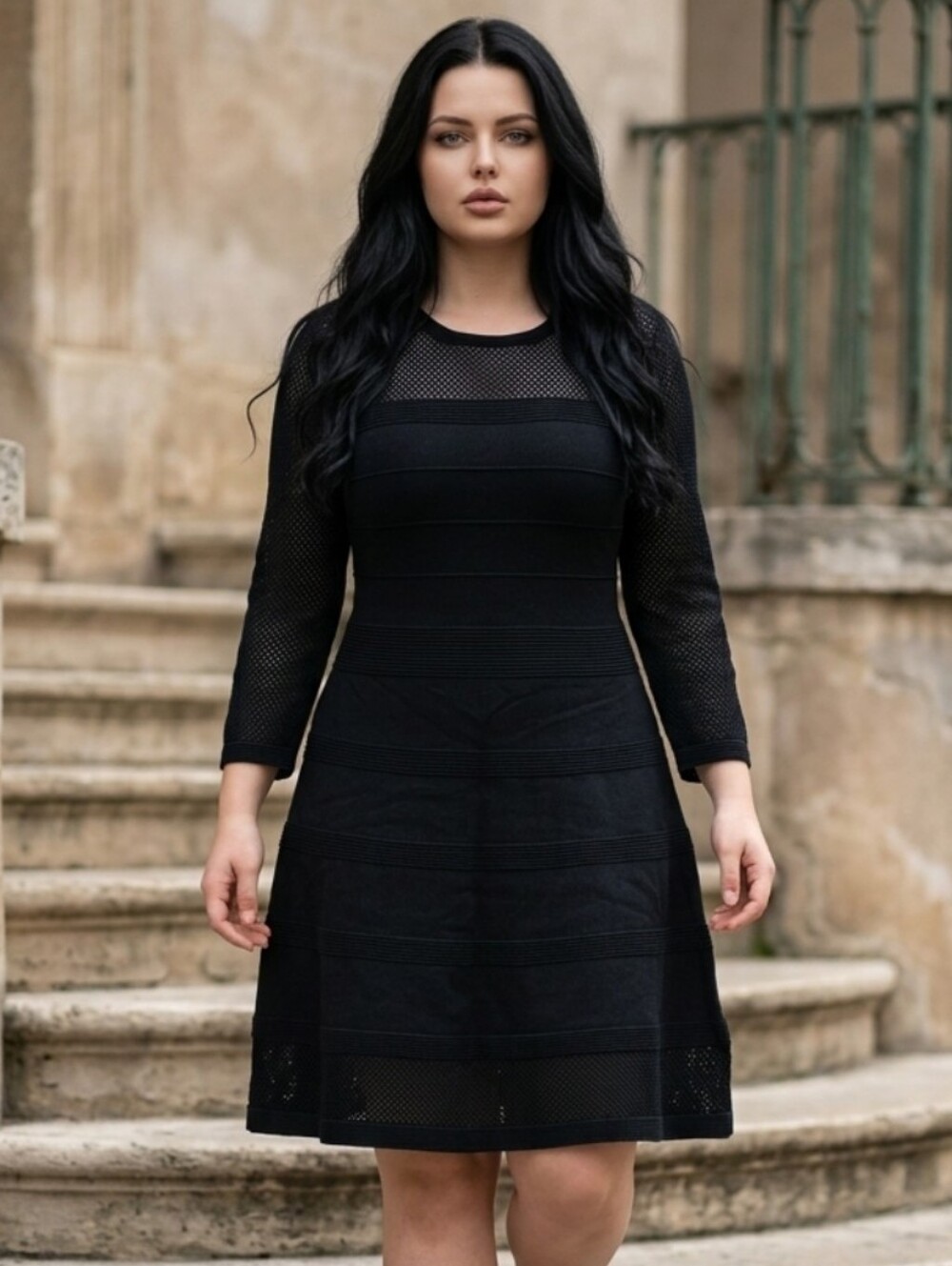Vince Camuto Black Mesh-Inset Fit & Flare Dress